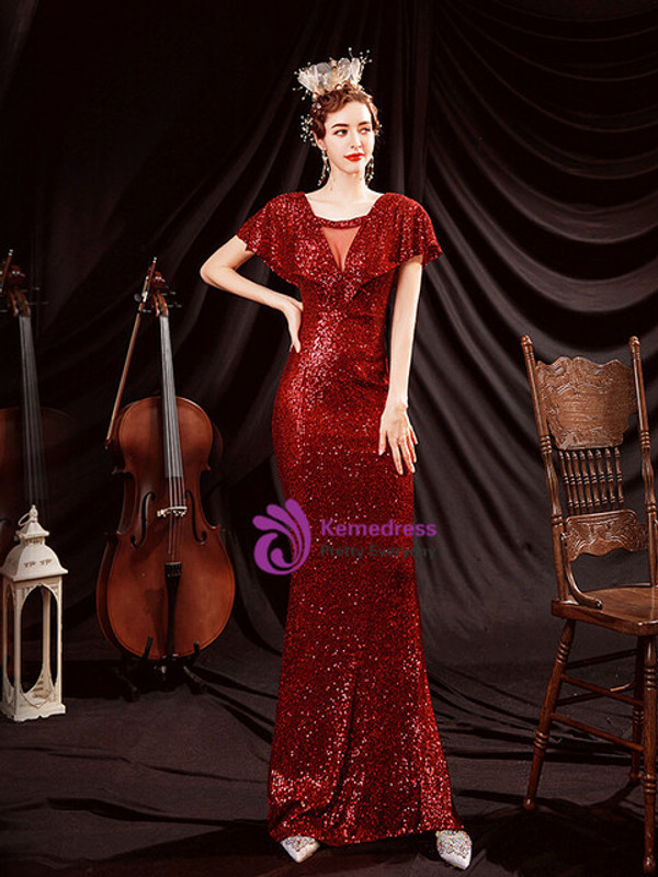 In Stock:Ship in 48 Hours Burgundy Mermaid Sequins Illusion Prom Dress