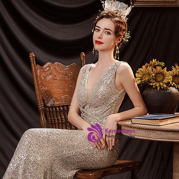 In Stock:Ship in 48 Hours Gold V-neck Sequins Pleats Prom Dress