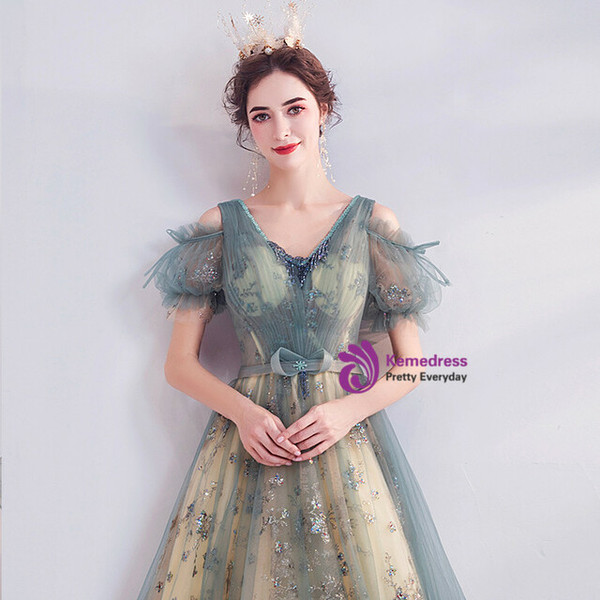 In Stock:Ship in 48 Hours Light Blue V-neck Short Sleeve Prom Dress