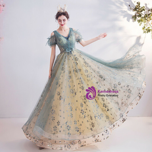 In Stock:Ship in 48 Hours Light Blue V-neck Short Sleeve Prom Dress