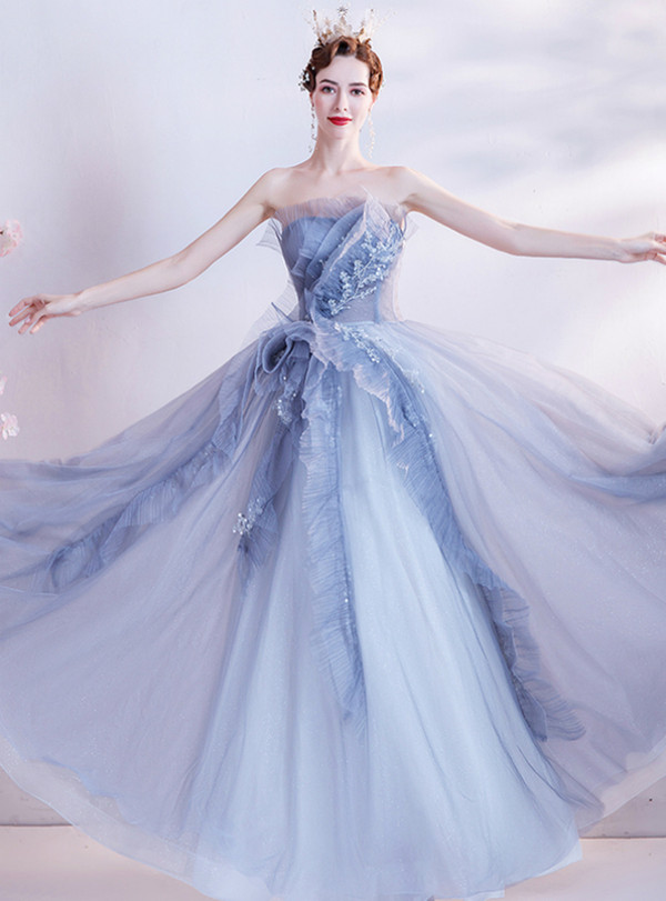 In Stock:Ship in 48 Hours Blue Strapless Beading Prom Dress