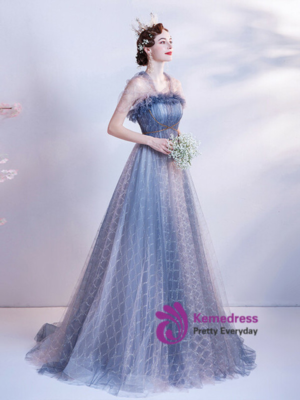 In Stock:Ship in 48 Hours Blue Tulle Lace Beading Prom Dress