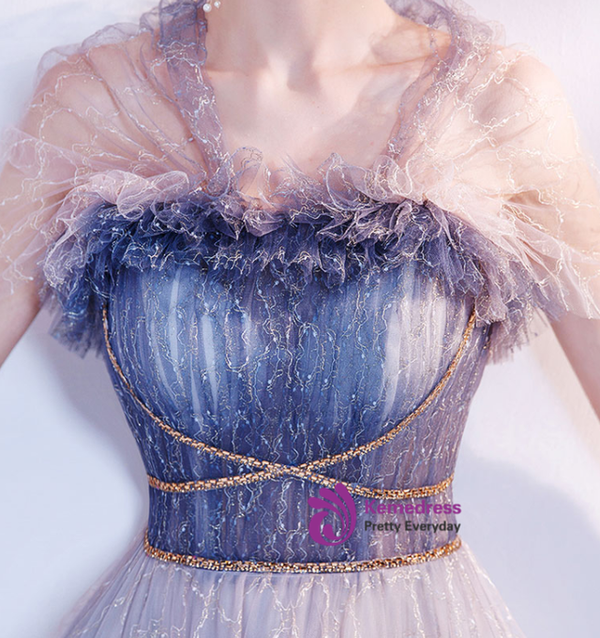 In Stock:Ship in 48 Hours Blue Tulle Lace Beading Prom Dress