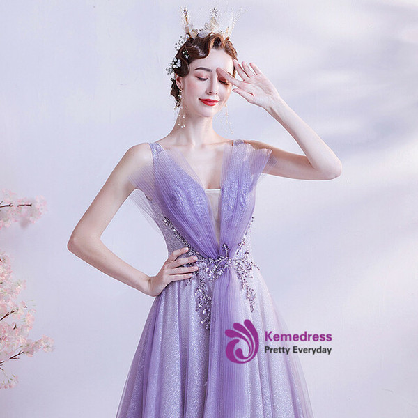 In Stock:Ship in 48 Hours Purple V-neck Sequins Beading Prom Dress