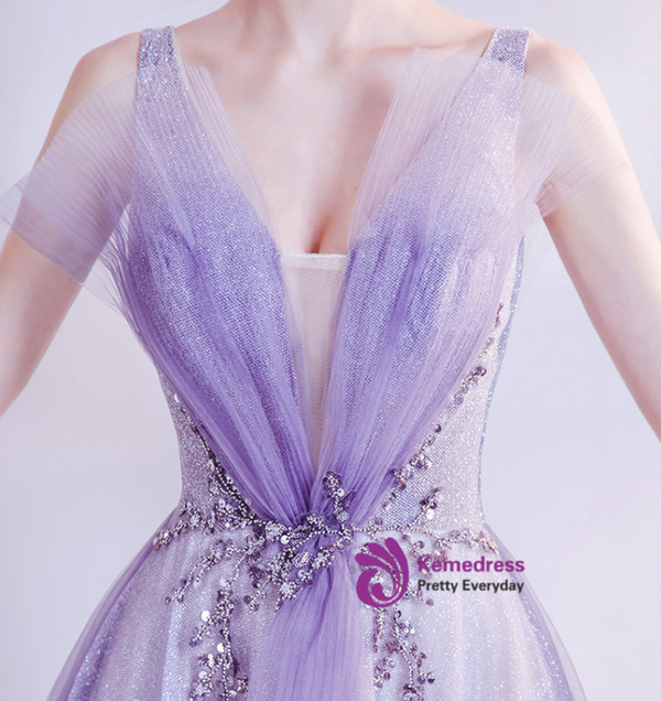 In Stock:Ship in 48 Hours Purple V-neck Sequins Beading Prom Dress