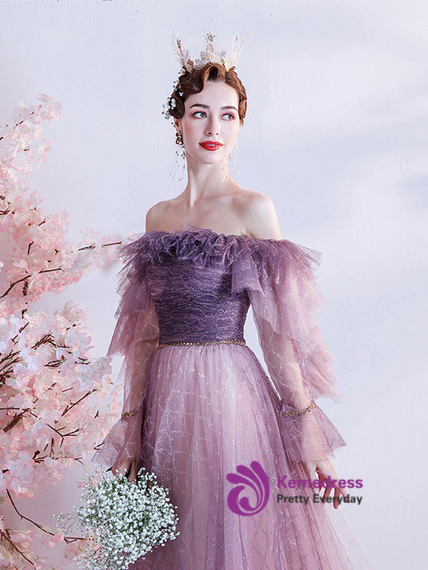 In Stock:Ship in 48 Hours Purple Tulle Long Sleeve Prom Dress