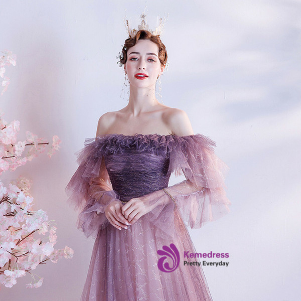In Stock:Ship in 48 Hours Purple Tulle Long Sleeve Prom Dress