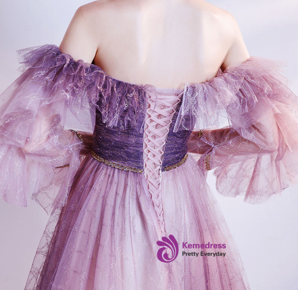 In Stock:Ship in 48 Hours Purple Tulle Long Sleeve Prom Dress