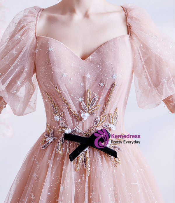 In Stock:Ship in 48 Hours Champagne Pink Tulle Backless Prom Dress