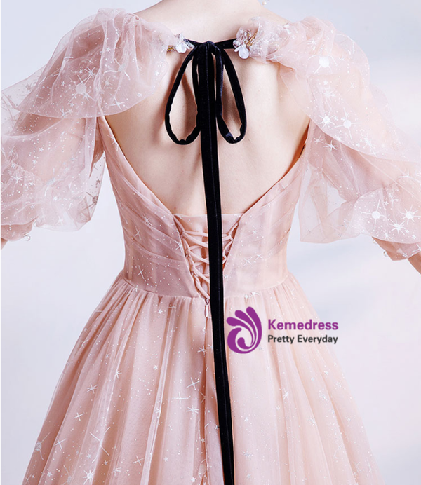 In Stock:Ship in 48 Hours Champagne Pink Tulle Backless Prom Dress