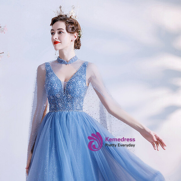 In Stock:Ship in 48 Hours Blue Tulle V-neck Beading Prom Dress