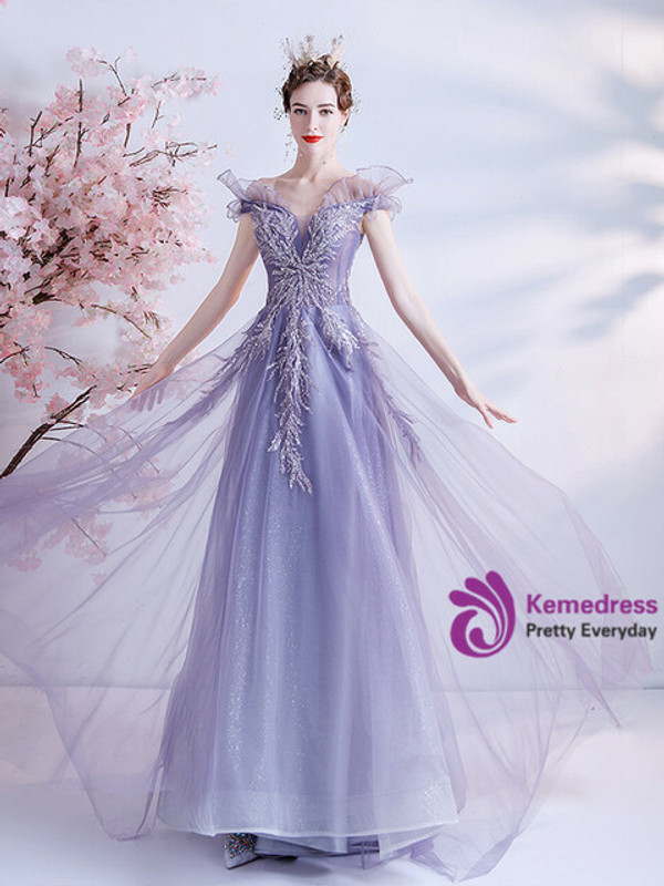 In Stock:Ship in 48 Hours Purple Sequins Appliques Beading Prom Dress