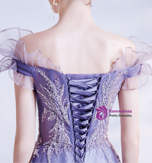 In Stock:Ship in 48 Hours Purple Sequins Appliques Beading Prom Dress