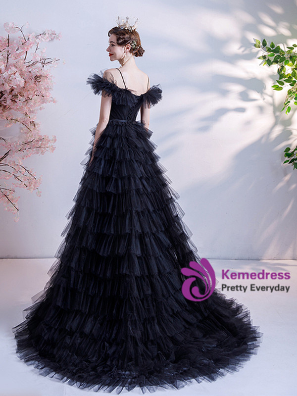In Stock:Ship in 48 Hours Black Tulle Pleats Prom Dress