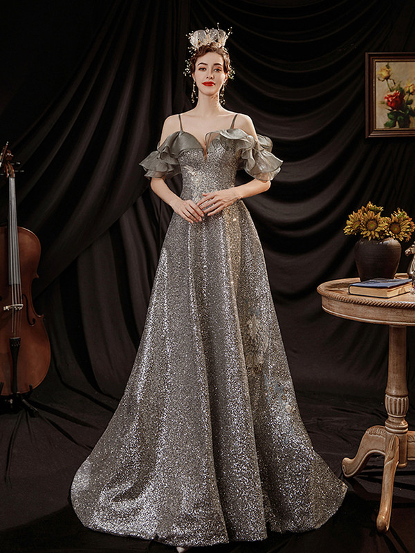 In Stock:Ship in 48 Hours Silver Sequins Spaghetti Straps Prom Dress