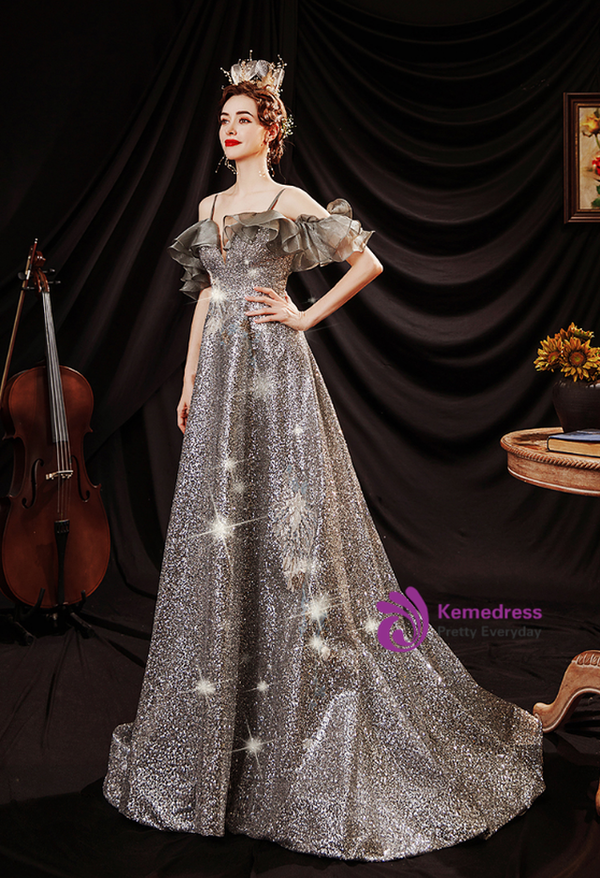 In Stock:Ship in 48 Hours Silver Sequins Spaghetti Straps Prom Dress