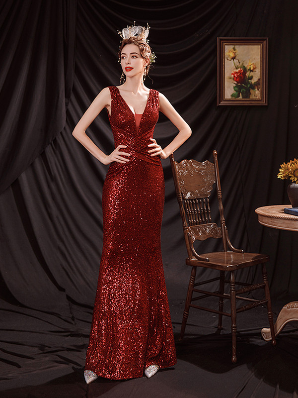 In Stock:Ship in 48 Hours Burgundy Mermaid Pleats Prom Dress