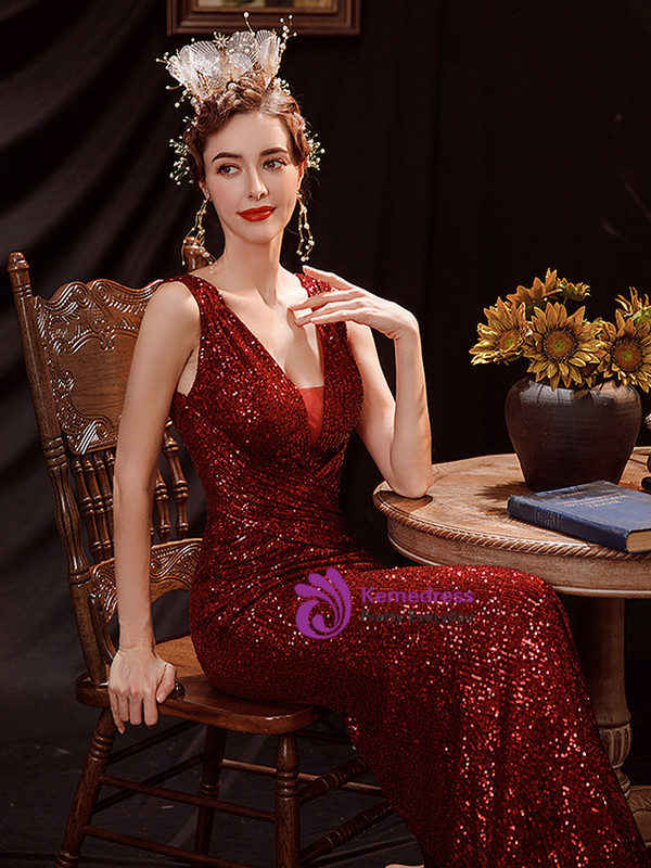In Stock:Ship in 48 Hours Burgundy Mermaid Pleats Prom Dress