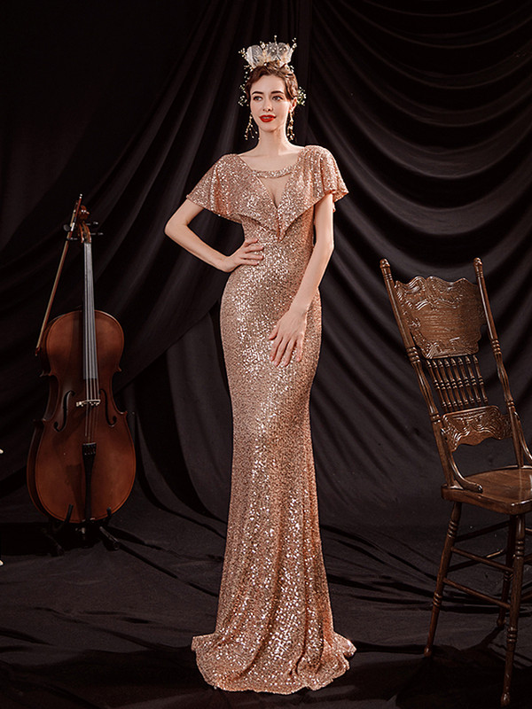 In Stock:Ship in 48 Hours Gold Sequins Illusion V-neck Prom Dress