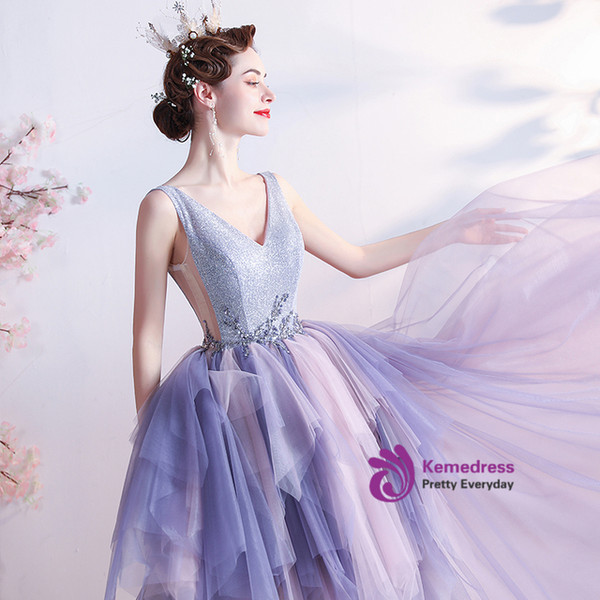 In Stock:Ship in 48 hours Purple Tulle V-neck Prom Dress