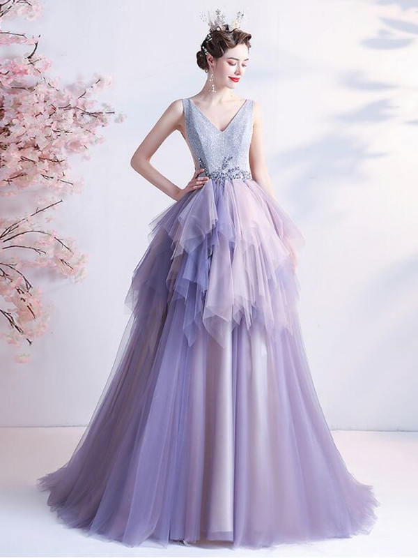 In Stock:Ship in 48 hours Purple Tulle V-neck Prom Dress