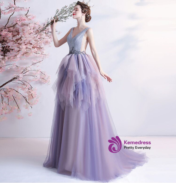 In Stock:Ship in 48 hours Purple Tulle V-neck Prom Dress