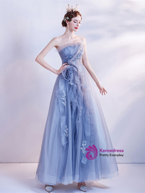 In Stock:Ship in 48 Hours Blue Tulle Beading Strapless Prom Dress