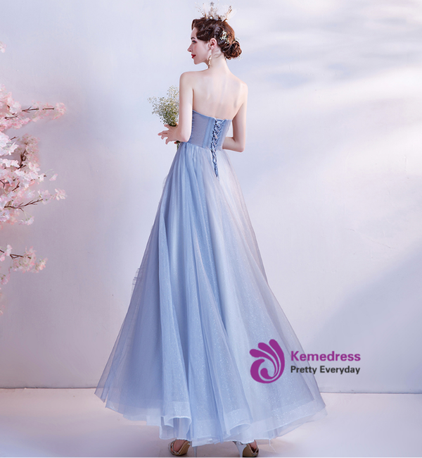 In Stock:Ship in 48 Hours Blue Tulle Beading Strapless Prom Dress