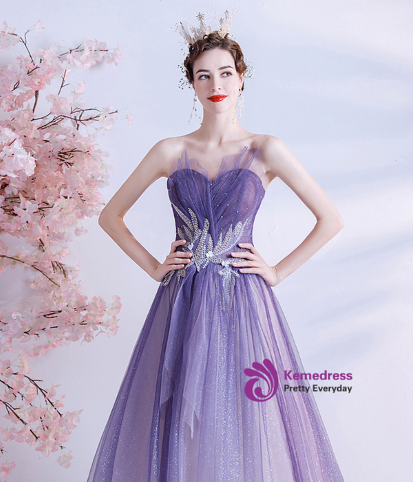 In Stock:Ship in 48 hours Purple Tulle Pleats Strpless Prom Dress