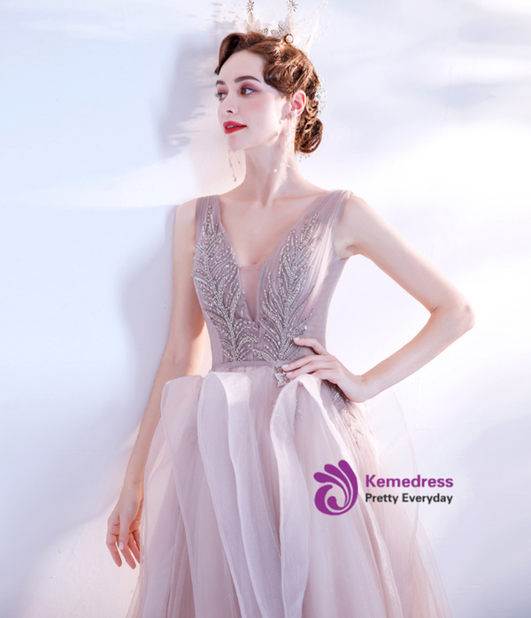 In Stock:Ship in 48 hours Pink Tulle V-neck Beading Prom Dress