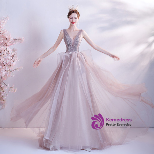 In Stock:Ship in 48 hours Pink Tulle V-neck Beading Prom Dress