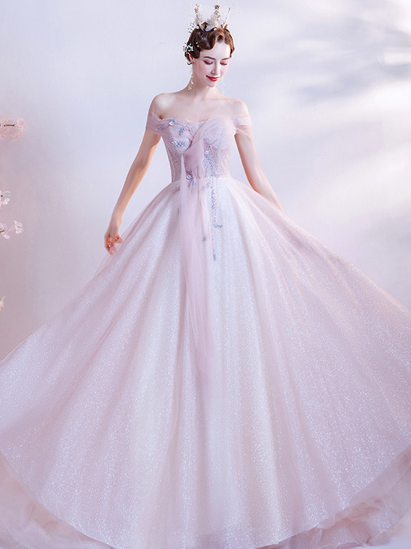 In Stock:Ship in 48 hours Pink Illusion Sequins Beading Prom Dress