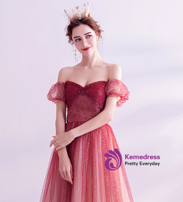 In Stock:Ship in 48 hours Burgundy Sequins Beading Pleats Prom Dress