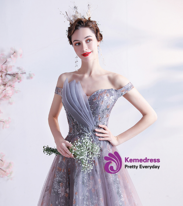 In Stock:Ship in 48 hours Purple Off the Shoulder Prom Dress