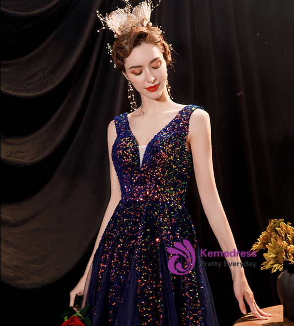 In Stock:Ship in 48 hours Navy Blue Sequins V-neck Prom Dress