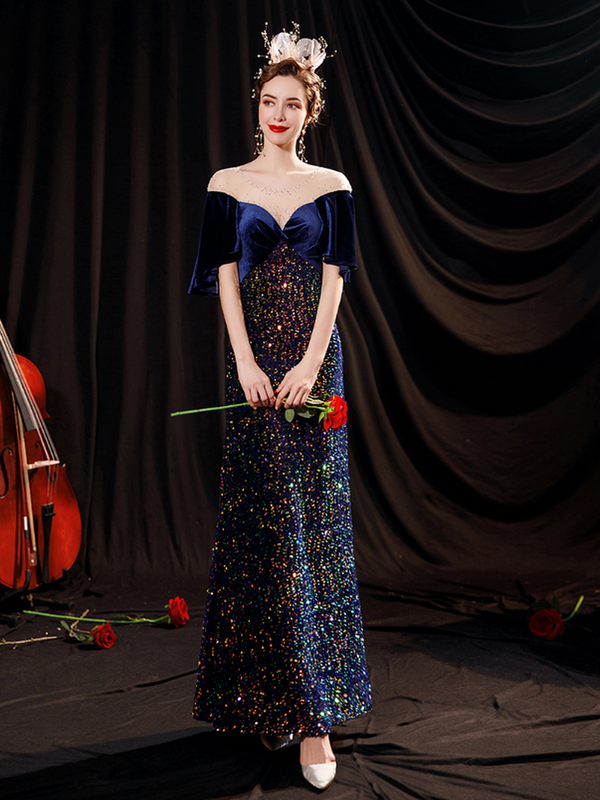 In Stock:Ship in 48 hours Navy Blue Sequins Prom Dress