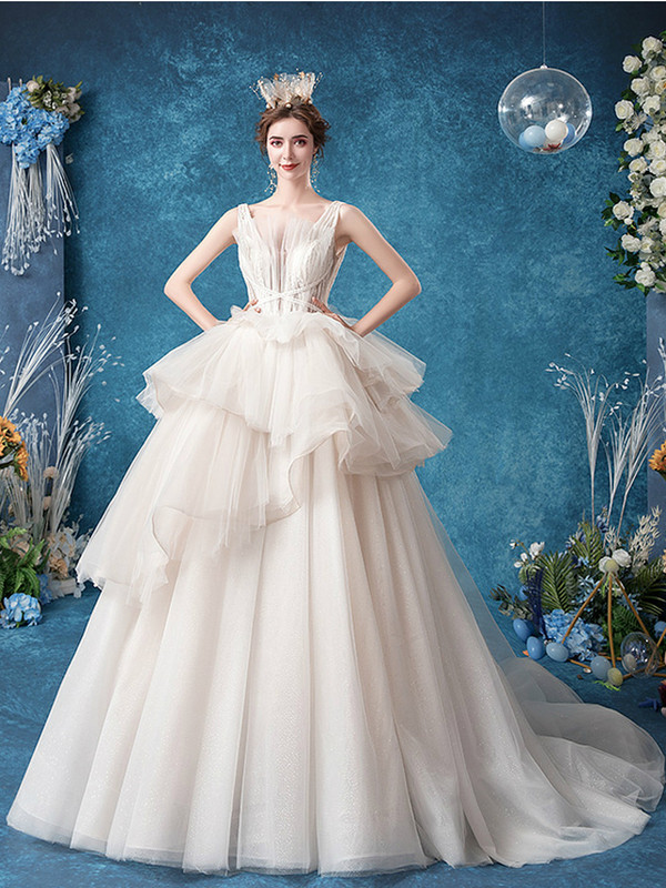 In Stock:Ship in 48 Hours White Tulle Sequins V-neck Wedding Dress