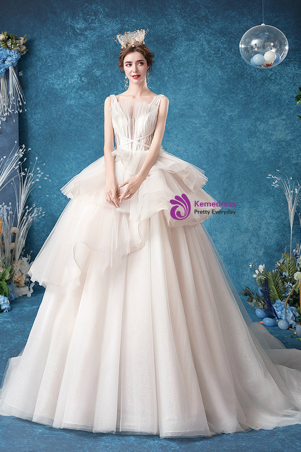In Stock:Ship in 48 Hours White Tulle Sequins V-neck Wedding Dress