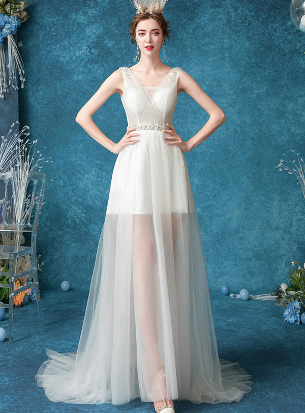 In Stock:Ship in 48 Hours White Tulle Beading Wedding Dress