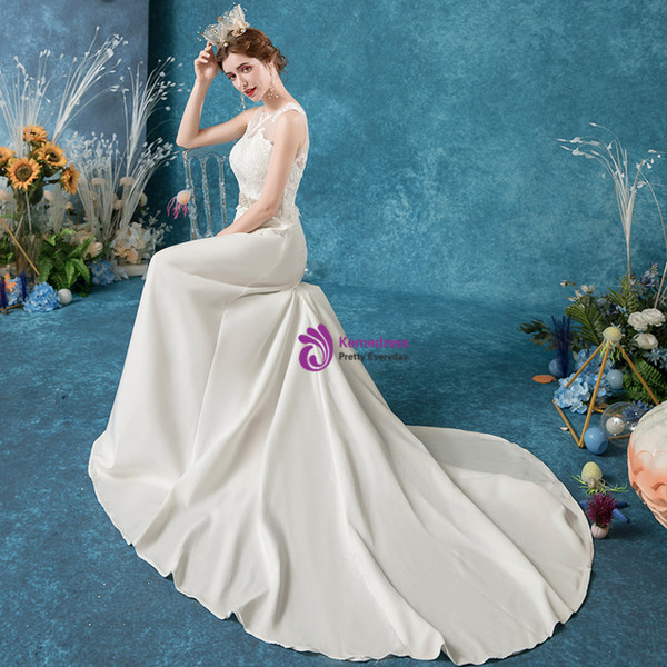 In Stock:Ship in 48 Hours White Appliques Illusion Back Wedding Dress