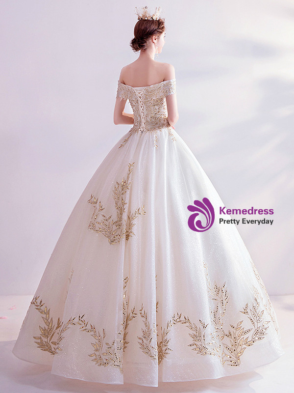 In Stock:Ship in 48 Hours White Tulle Appliques Sequins Wedding Dress