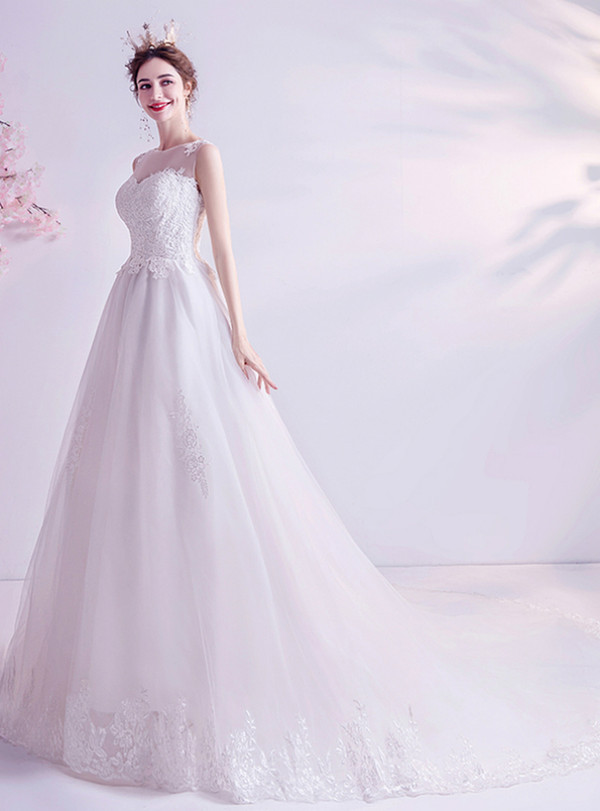 In Stock:Ship in 48 Hours White Tulle Sleeveless Wedding Dress