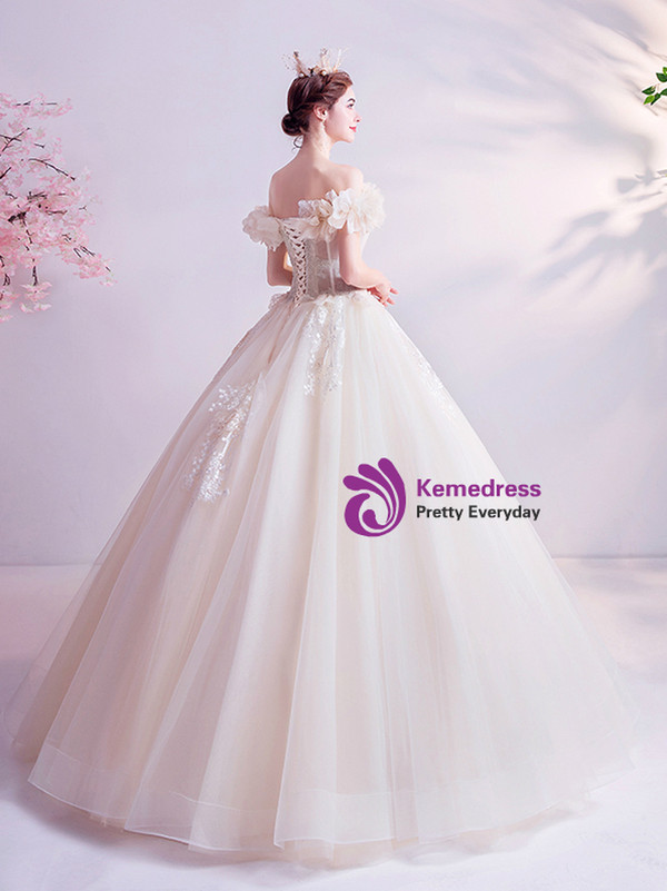 In Stock:Ship in 48 Hours Champagne Tulle Appliques Wedding Dress