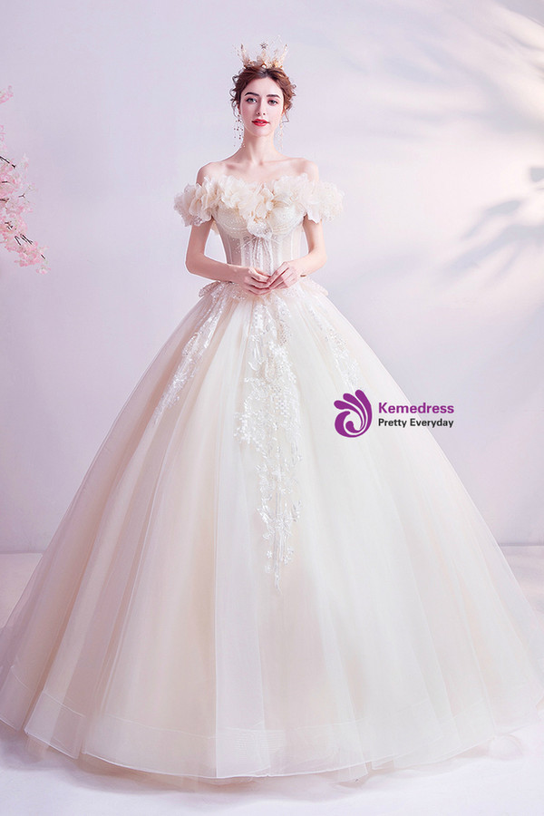 In Stock:Ship in 48 Hours Champagne Tulle Appliques Wedding Dress