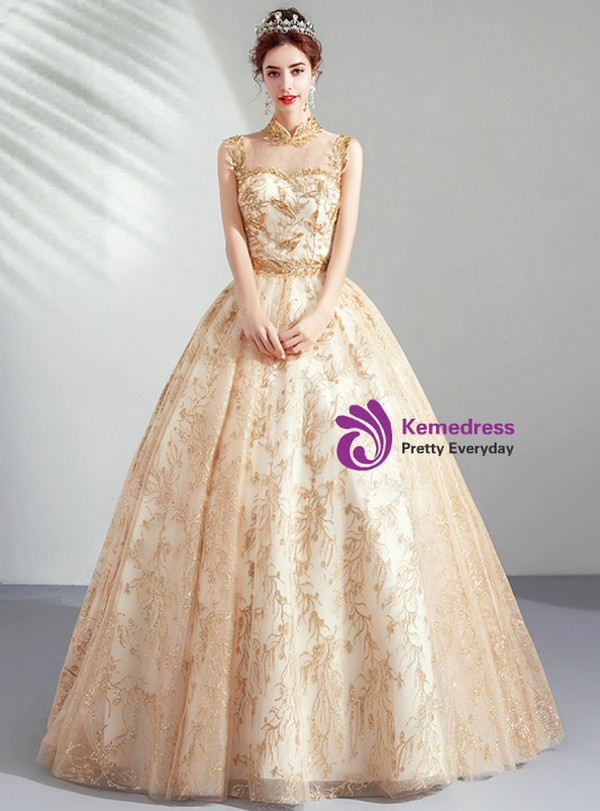 In Stock:Ship in 48 Hours Gold High Neck Tulle Sequins Wedding Dress