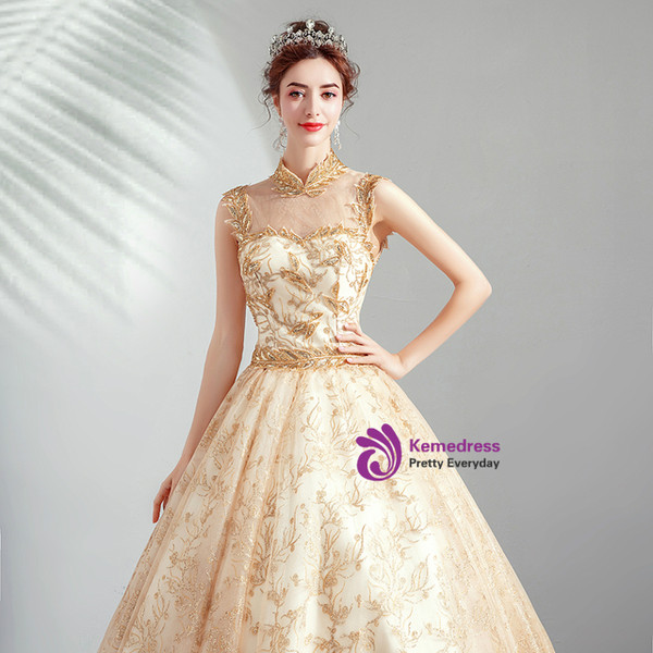 In Stock:Ship in 48 Hours Gold High Neck Tulle Sequins Wedding Dress