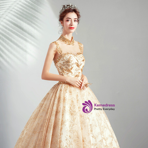 In Stock:Ship in 48 Hours Gold High Neck Tulle Sequins Wedding Dress