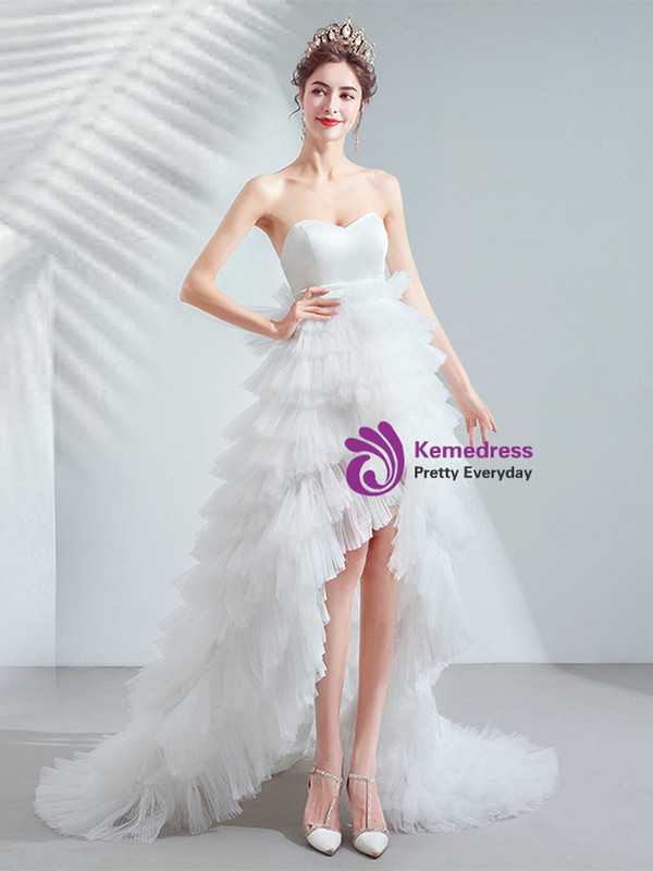 In Stock:Ship in 48 Hours White Hi Lo Tulle Tiers Wedding Dress