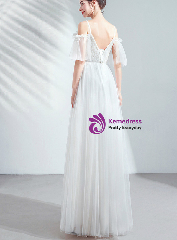 In Stock:Ship in 48 Hours White Tulle Pink Appliques Wedding Dress