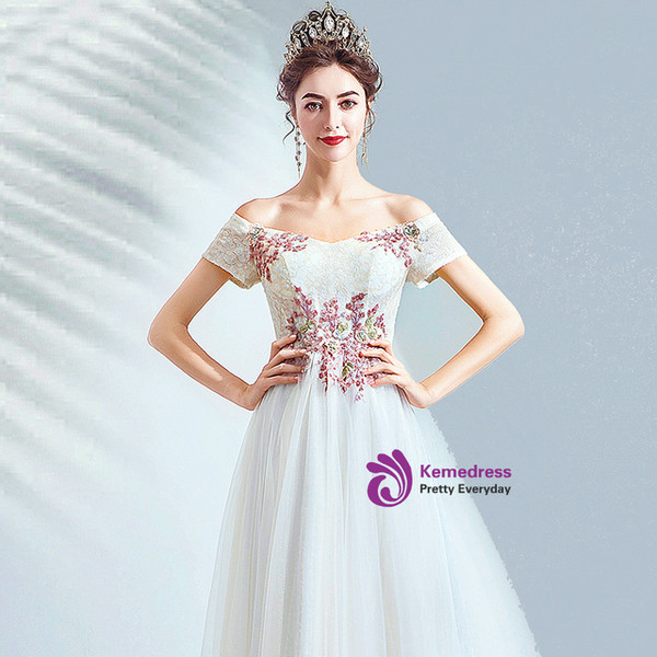 In Stock:Ship in 48 Hours White Tulle Short Sleeve Wedding Dress
